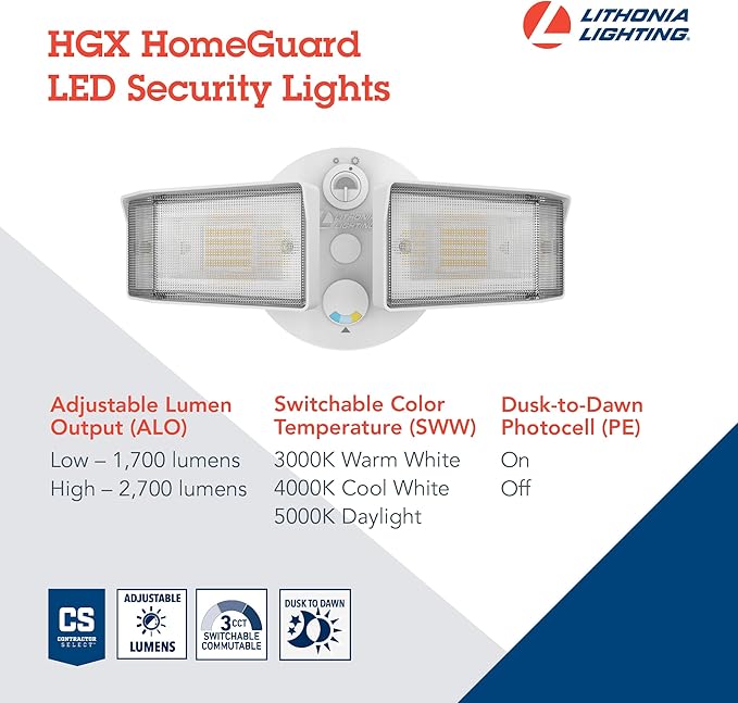 Lithonia Lighting HGX LED 2SH ALO SWW2 120 PE WH M2 HomeGuard LED Outdoor Security Floodlight, Adjustable Light Output, Switchable CCT, Photocell, 2-Lights, White