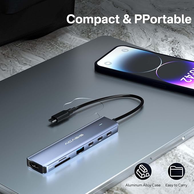 ACASIS USB C Hub to HDMI,10Gbps USBC Hub Multiport Adapter with 4K@60HZ HDMI,2*USB-C,1*USB-A,PD 100W,SD/TF Card Reader,7-in-1 USBC Splitter Adapter for MacBook, Mac mini,Laptop