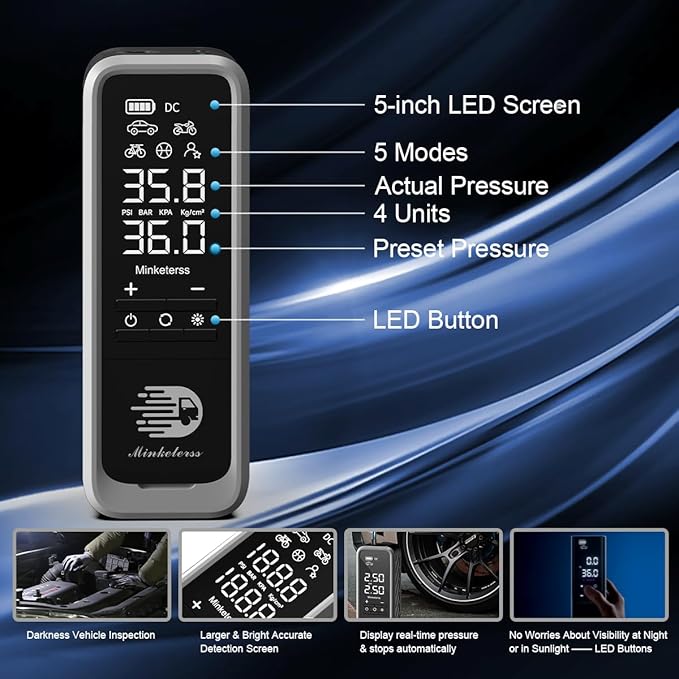 Tire Inflator Portable Air Compressor/Pump for Car Tires w/Digital Tire Pressure Gauge - Air Compressor (160 PSI) - Motorcycle, Electric Bike Pump and Bicycle Pump w/LED Light