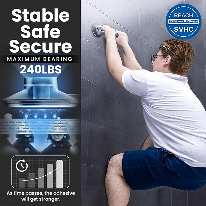 LEVERLOC Grab Bars for Bathtubs and Showers, Shower Handle 17 Inch Strong Suction Bath Handrails, Safety Grip for Bathroom Chair, Bathroom Grab Bar for Senior No Drilling Waterproof,Silver