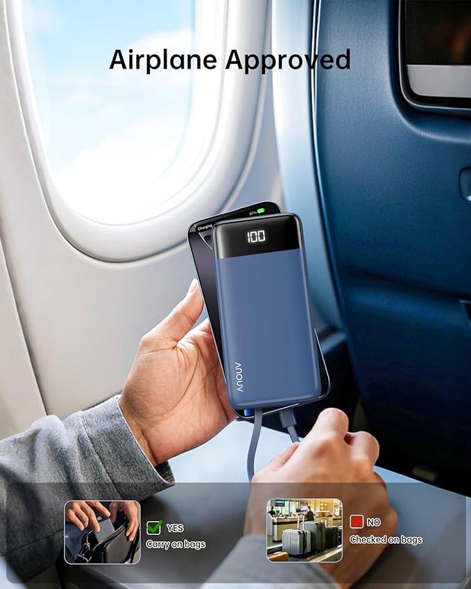 Portable Charger with Built-in Cables 10000mAh Power Bank with Cords, Slim Fast Charging Battery Pack, Travel Essential Portable Charger for iPhone 17/16/15/14/13 Series, Samsung Google Pixel iPad