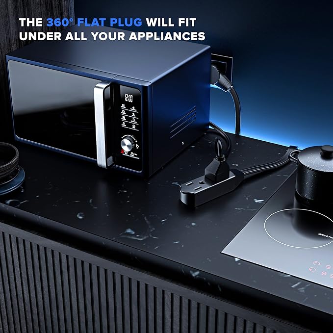 Maximm Cable 2 Ft 360° Rotating Flat Plug Extension Cord/Wire, 16/3 AWG Multi 3 Outlet 3-Prong Grounded Wire- Black - UL Certified