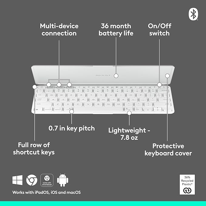 Logitech Keys-to-GO 2 Portable Wireless iPad Keyboard with Built-in Cover, Slim and Compact Bluetooth Keyboard for iPad, iPhone, Mac, and Apple TV, Easily Switch with Devices - Pale Grey
