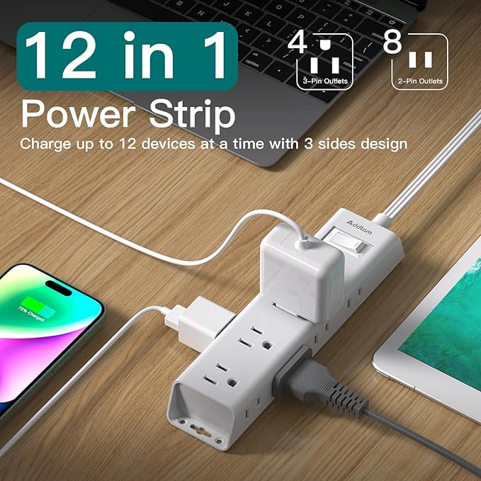 Short Extension Cord 1Ft, Flat Plug Power Strip - Addtam 12 Widely AC 3 Sides Multiple Outlets, 1050J Surge Protector, Wall Mount, Desk Charging Station for Home Office Dorm Room Essentials