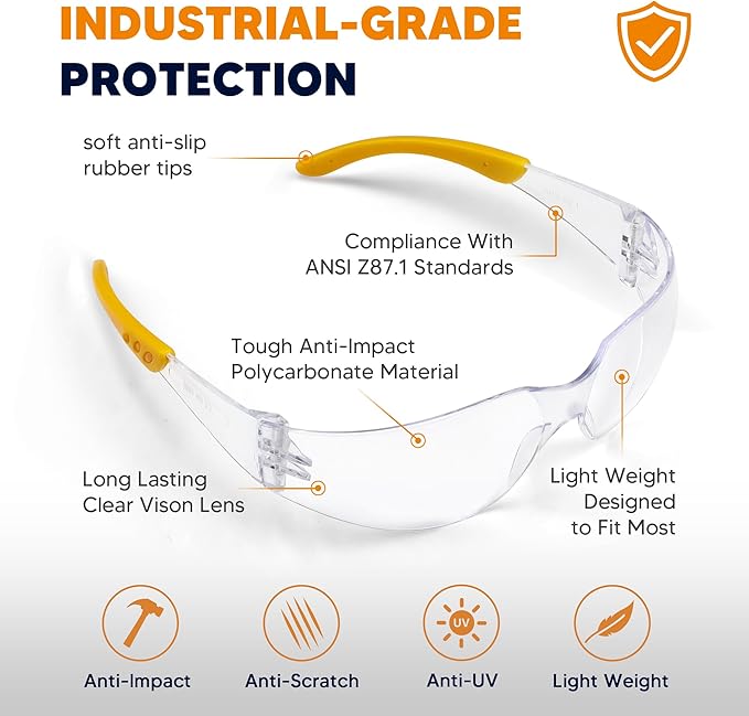 Clear Safety Glasses 24PK, Protective Eyewear Polycarbonate Lens with Rubber Temples ANSI Z87.1 Anti-Scratch Impact Resistant Eye Protection for Man Woman Clear Lens/Yellow Frame