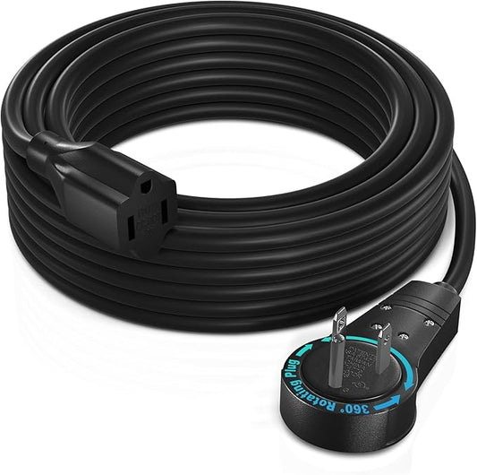Maximm Cable 30 Feet 360° Rotating Flat Plug Extension Cord/Wire, 3 Prong Grounded Wire 16 Awg Power Cord - Black UL Certified