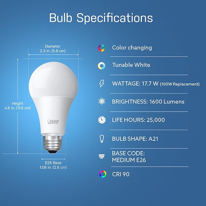 Feit Electric OM60/RGBW/CA/AG Smart WiFi Color Changing and Dimmable, Alexa or Google Assistant, No Hub Required A19 LED Light Bulb, 60W