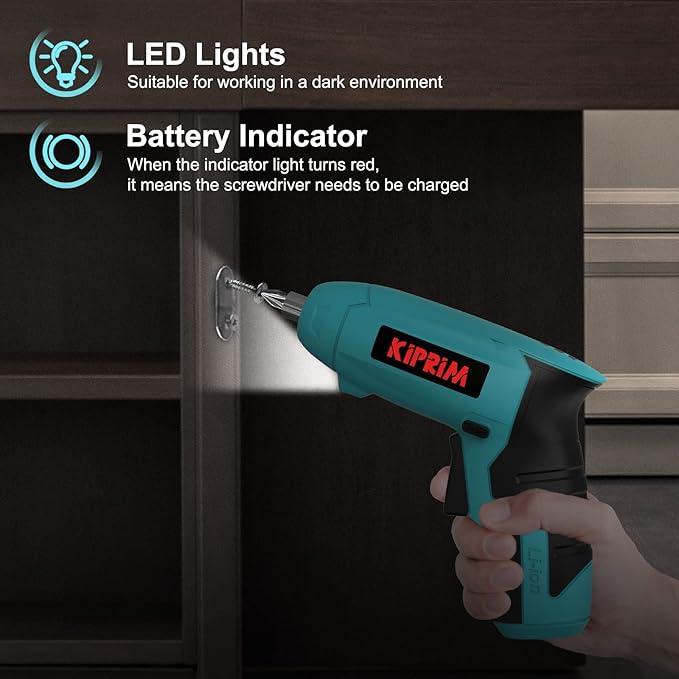 Small 4V Electric Screwdriver,Kiprim ES3 Cordless Screwdriver Tool with Rechargeable Battery,LED Front Light & Power Display Light for Home DIY Blue