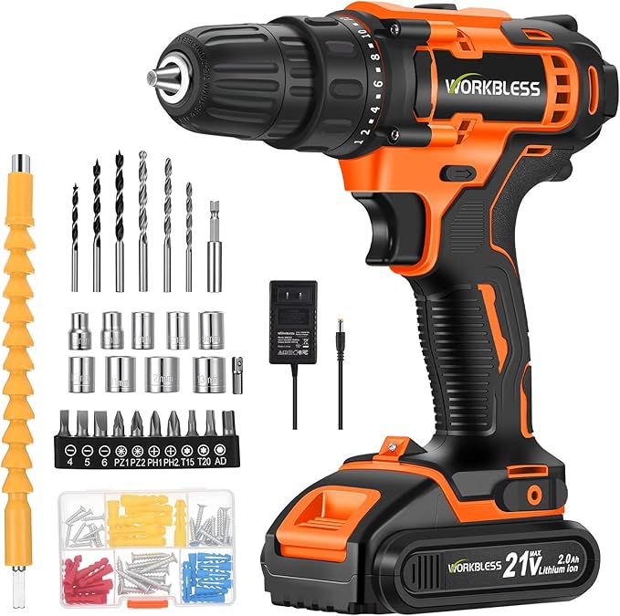 WORKBLESS 21V Power Drill Set, Cordless Drill with Battery and Charger, 3/8'' Keyless Chuck, Variable Speed, 18+1 Torque Setting and 28pcs Drilling/Driver Bits Tool Set(Orange)