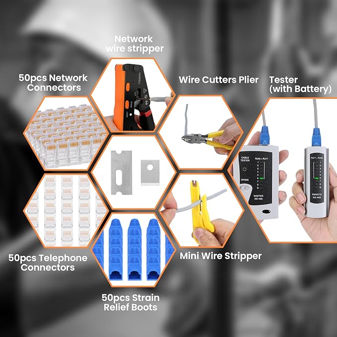 HARDELL RJ45 Crimp Tool, Pass Thru RJ11 Ethernet Crimper for Cat5 Cat6 Connectors, All-in-One 6P 8P Ethernet Crimping Tool Kit With Wiring Diagram, Replacement Blades, Cable Sheath, Tester & Battery