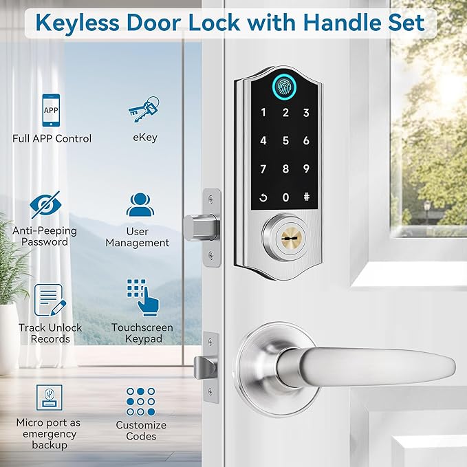 Harfo Smart Fingerprint Door Lock, Keyless Entry Deadbolt, Full App Control Biometric Lock, Electronic Digital Touchscreen Keypad, Auto Lock, Easy Install, Satin Nickel
