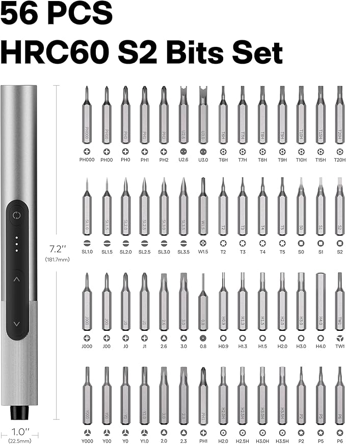 HOTO SNAPBLOQ™ S-A01 3.7V Mini Electric Screwdriver with 56 Bits & 3 Torque Settings, Precision Mini Screwdriver, 250RPM, Brighter LED Light, Repair Tool Kit for Electronics, Phone, Laptop, DIY