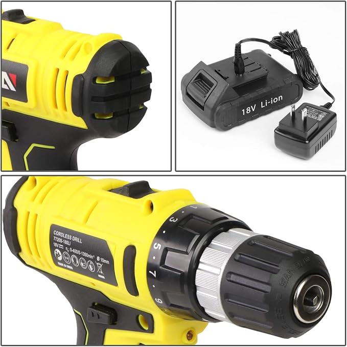 DNA MOTORING 46pcs 18V 1300mAh Cordless Drill Set, Drill Driver Home Tool Kits Combination Tool Set, Tool Kit with Drill For Home, DIY, Maintenance, Yellow, TOOLS-00019