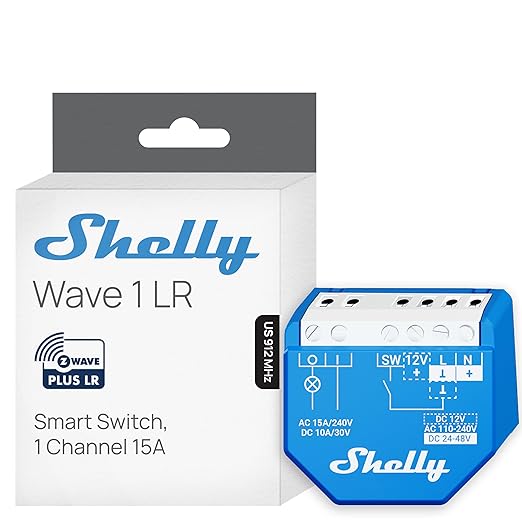 Shelly Wave 1 US LR UL | Z-Wave Long Range Smart Switch Relay, 1-Channel 15A Dry Contact | Home Automation | Low Power Consumption | High Compatibility | Easy Installation | iOS Android App
