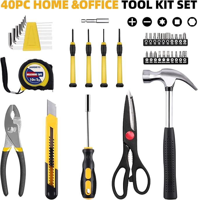 40-Piece Home Tool Kit with Easy Carrying Box, Small Basic Hand Tool Set Perfect for DIY Building, Home Maintenance and Woodworking, Great for College Students