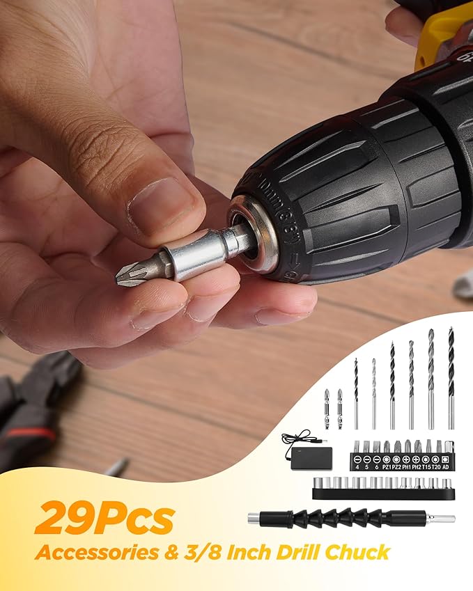 Drill, 21V Cordless Drill with Dual 2.0Ah Power Pack and Charger, Electric Power Drills Set, 3/8 Inch Chuck, 25+1 Torque, 2 Speed 29 Accessories Tool for DIY, Gifts