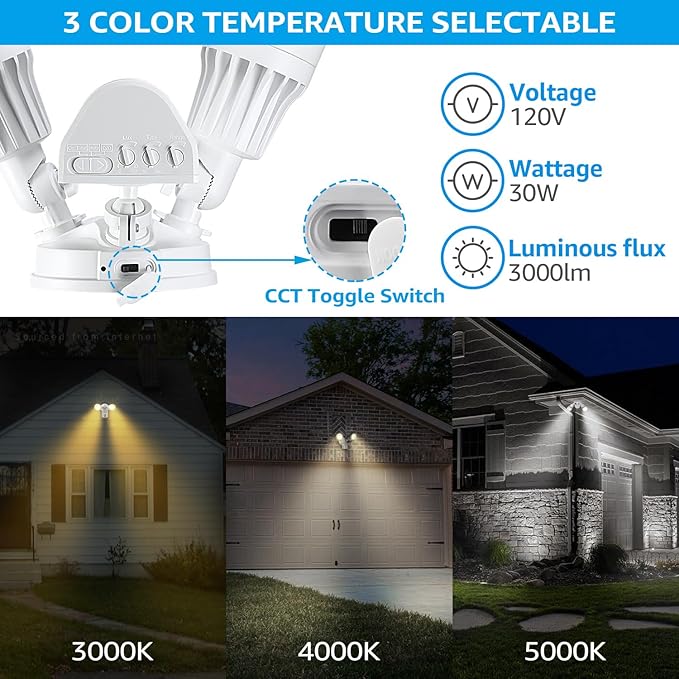 LEONLITE 3CCT LED Security Light, Motion Sensor Flood Lights Outdoor, Aluminum, 3 Modes Motion Detector+Dusk to Dawn+Switch Control, 3000K/4000K/5000K Selectable, IP65, Adjustable 2-Head, ETL, White