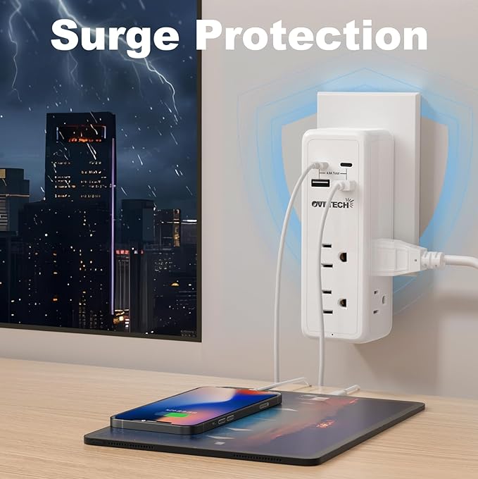 Multi Plug Outlet Extender, 4USB Wall Charger, Wall Plug Splitter with 6 Outlets 450J Electrical Power Expander with Surge Protector,Spaced for Travel,Home, Office, White 2Pack
