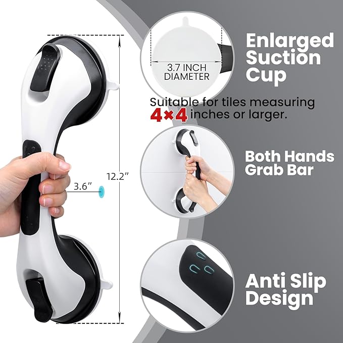 TAILI Shower Handles for Elderly Suction, 2 Pack 12 Inch Shower Grab Bars for Seniors, Grab Bars for Bathtubs and Showers, No Drilling Removable Safety Shower Grip, Black