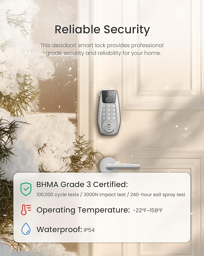 DESLOC C110 Keyless Entry Door Lock with 2 Lever Handles&Smart Screen, Digital Smart Front Door Lock Set, Fingerprint Door Locks, Keypad Deadbolt, Auto-Lock, Backlit Keys, Passage Mode, IP54 Silver