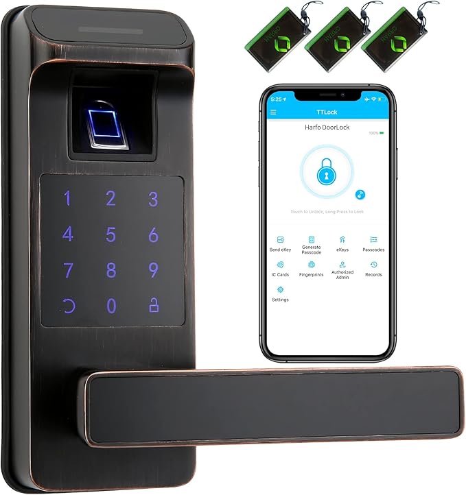 Harfo Smart Door Lock, Heavy Duty 5 in 1 Keyless Entry Door Lock, Full App Control Digital Keypad Lock, Reversible Handle with Fingerprints and Passcodes for Family/Office/Apartment (Aged Bronze)