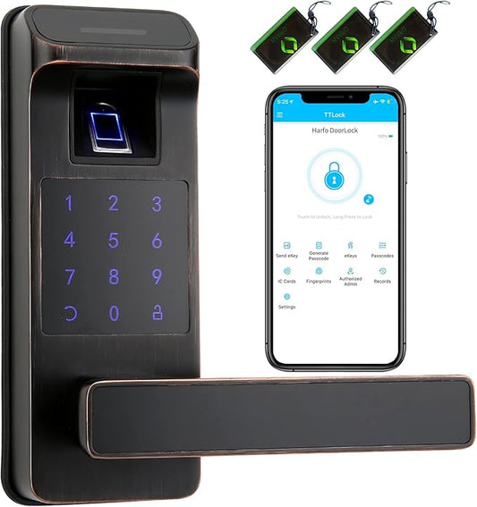 Harfo Smart Door Lock, Heavy Duty 5 in 1 Keyless Entry Door Lock, Full App Control Digital Keypad Lock, Reversible Handle with Fingerprints and Passcodes for Family/Office/Apartment (Aged Bronze)