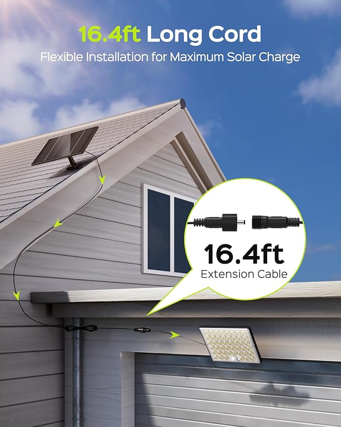 JACKYLED Motion Sensor Solar Lights Outdoor, 16.4ft Cord Security Wall Flood Light Solar Powered Gen2 Light Focus LED with Lenses Cool White Light IP65 Waterproof for Porch Backyard Barn Shed, 3-Pack