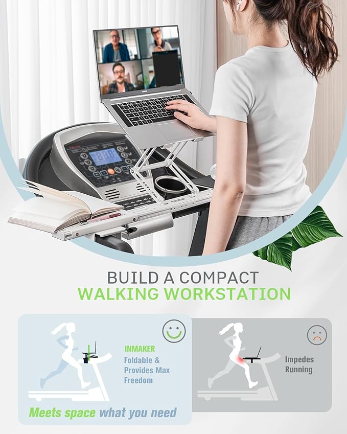 INMAKER Treadmill Desk Attachment, Universal Treadmill Laptop Holder Adjustble Height Width, Aluminum Laptop Stand for Treadmill with Tray White