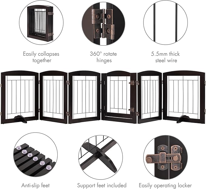 PAWLAND Dog Gate Indoor with Walk Through Door, Foldable Free Standing Pet Gate for Doorways, Stairs, The Houes, Pet Puppy Safety Fence, 120 in Extra Wide, 6 Panels, Support Feet Included, Espresso