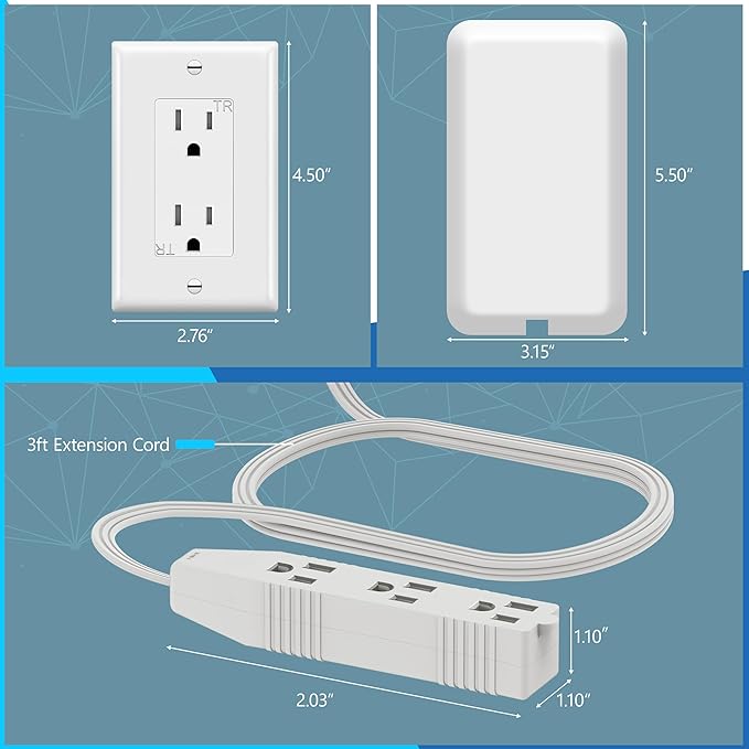 LIDER Flat-Face Outlet Extender with 3 Receptacles, Ultra-Thin Wall Plate Plug with Cord Extender and 3-Outlet Power Strip, 3ft Cord, LWE3-315-W, ETL-Listed, White