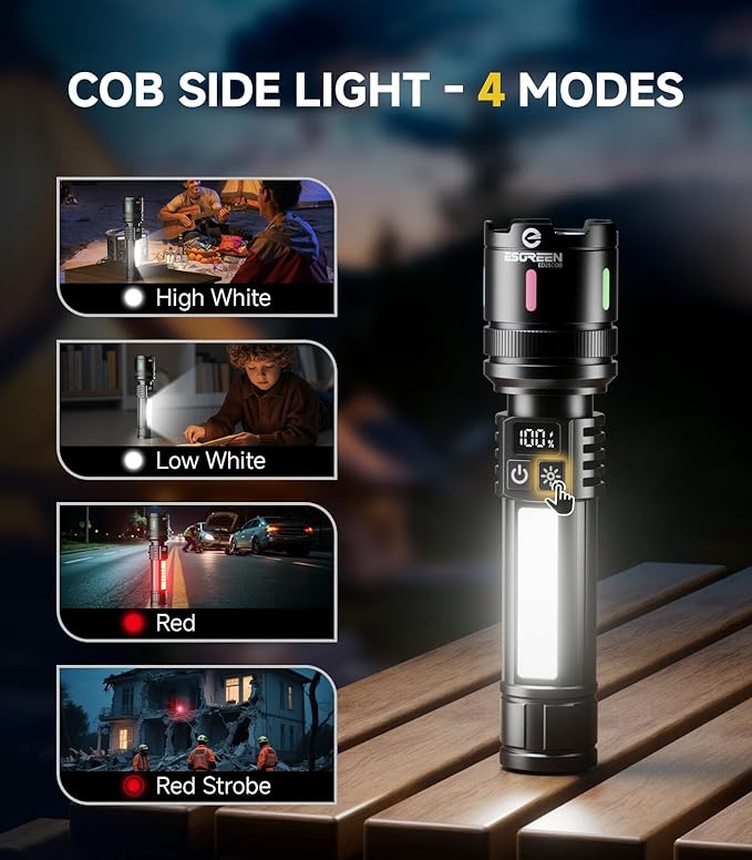 Esgreen 2 Pack Rechargeable Flashlights High Lumens 2000, Single Click Bright Flashlight Long Lasting 12H, Compact Handheld Strong LED Flash Light USB C, White & Red Light, for Hiking Camping Gift