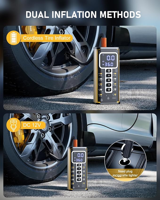 Tire Inflator Portable Air Compressor, 150PSI & 20000mAH Auto Air Compressor for Car Tires, Portable Tire Inflator for Car with Pressure Gauge, Pocket Tire Pump for Cars, Bike, Motorcycle, Ball