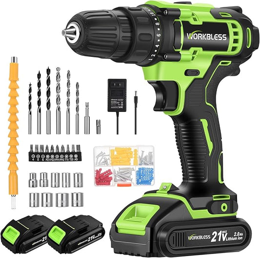 WORKBLESS 21V Power Drill Set, Cordless Drill with 2 Batteries and Charger, 3/8'' Keyless Chuck, Variable Speed, 18+1 Torque Setting and 28pcs Bits Tool Set(Green)