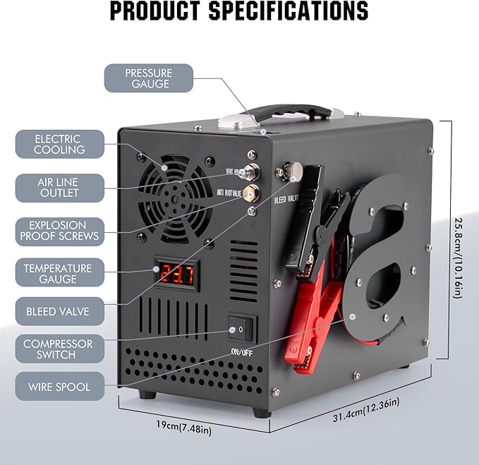 PCP Air Compressor, Airgun Compressor, Portable 4500Psi/30Mpa, Water/Oil-Free, One Button Start, Bursting disc, Built-in Fan, 12V DC 110V AC, Manual-stop, PCP Rifle/Pistol and Paintball Tank Air Pump