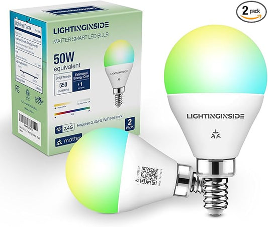Matter E12 Smart Light Bulbs 50W Equivalent 5W 550LM, Compatible with Alexa/Siri/Apple Home/Google Home/SmartThings, G16.5 RGBCW Candelabra Ceiling Fan Bulb, 2.4G WiFi, ETL Listed, 2PCS