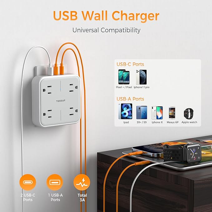 Multi Plug Outlet Extender, TESSAN 4 Outlet Splitter 3 USB Wall Charging Ports (2 USB C), Wide Spaced Multiple Expander Surge Protector for Office, Home, College Dorm Room