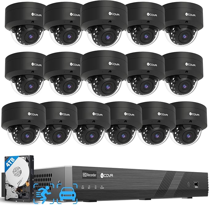 4COVR PoE 4K 16 Channel Security Camera System for Business, Human Vehicle Detection, 16x 8MP IK10 Vandal-Proof IP67 Dome Commercial IP Camera Night Vision, 16CH NVR 4TB, 24/7 Recording, LY54AB8M1616