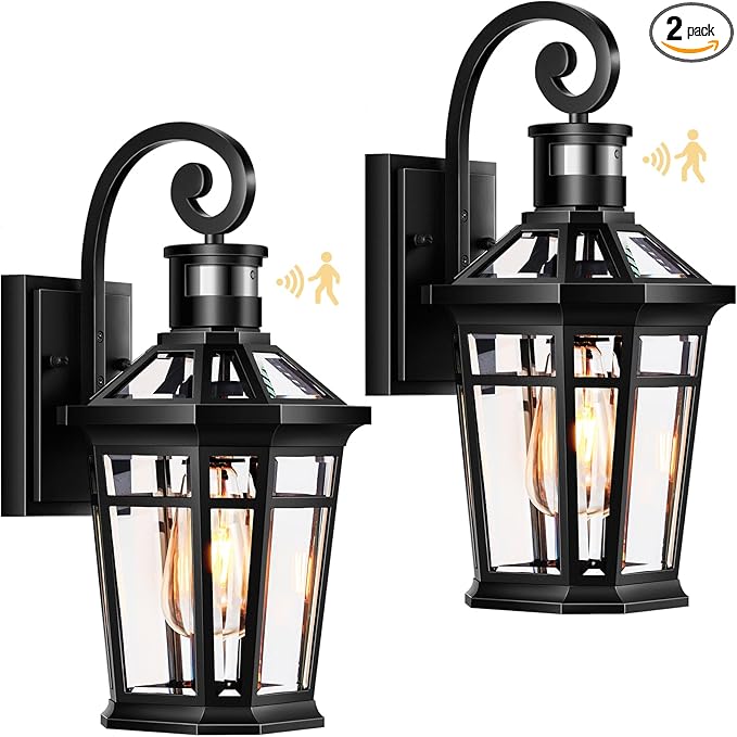 2 Packs Outdoor Lighting with Motion Sensor, Modern Dawn to Dusk Porch Light Fixture Wall Mount, Exterior Wall Lantern Sconce with Matte Black Finish, Waterproof Coach Lights for Garage, Patio