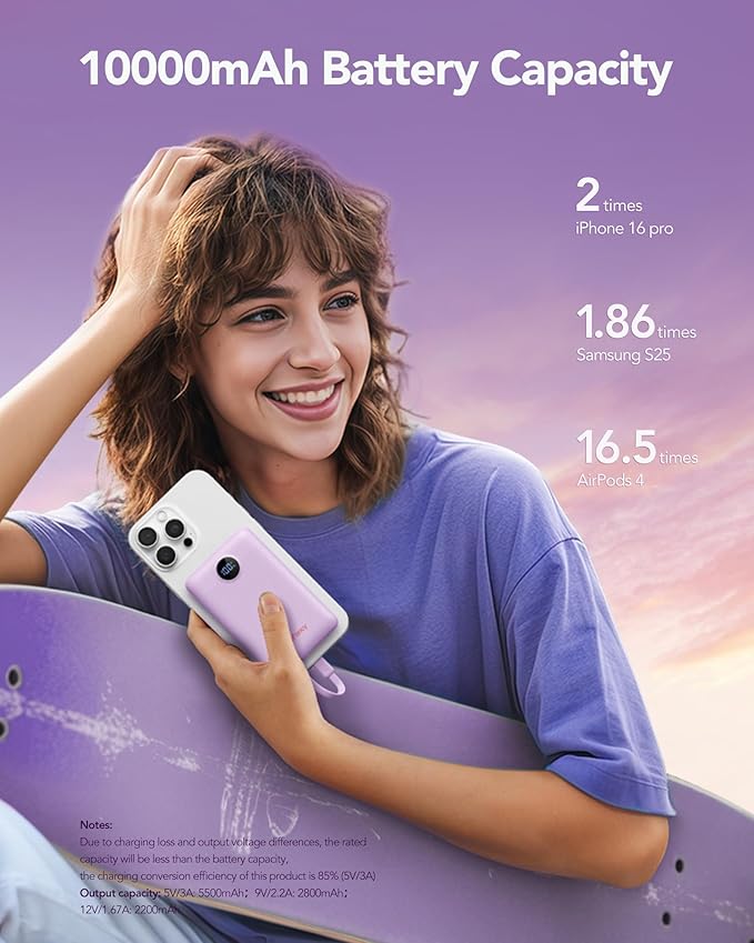 Mini Portable Charger with Built-in Cables 22.5W Fast Charging Power Bank USB-C Small Battery Pack 10000mAh Travel Essential Slim Battery for iPhone 16/15/14, Samsung 25/24, and More