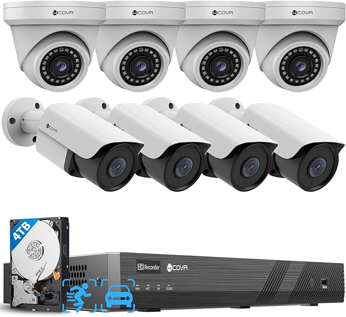 4COVR 16 Channel PoE Security Camera System for Business, 8MP H.265 UHD NVR with 4TB HDD, 4 Dome 4 Bullet 5MP Wired IP Camera IP67 Weatherproof, Person Vehicle Detection & Night Vision, LYH37E5M1608