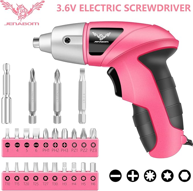Cordless Screwdriver Rechargeable, Electric Screwdriver Cordless 24pcs, USB Small Power Screwdriver Set with LED light for Women, Pink