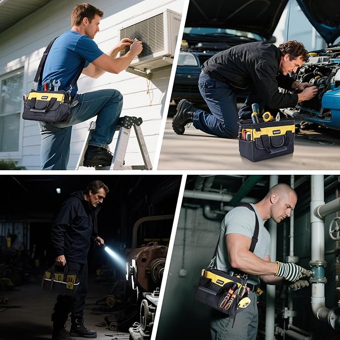 TICONN Heavy Duty Tool Bag with Multi-Pockets, Portable Tool Box Organizer Storage Bag, with Adjustable Shoulder Strap and Ergonomic Handle (Yellow, 12" Standard Base)