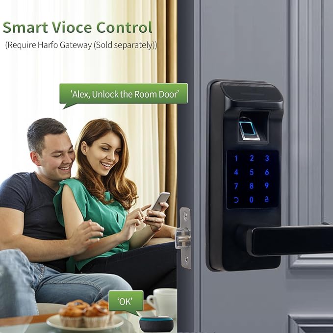 Harfo Smart Door Lock, Heavy Duty 5 in 1 Keyless Entry Door Lock, Full App Control Digital Keypad Lock, Reversible Handle with Fingerprints and Passcodes for Family/Office/Apartment (Black)