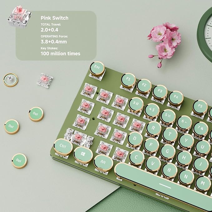 EWEADN V20 Green Typewriter Keyboard,87 Keys Backlit Typewriter Style Mechanical Keyboards, Media Control Knob, Wired/BT5.0/2.4G Typewriter Style Computer Keyboards Pink Switch for Windows/Mac/PC