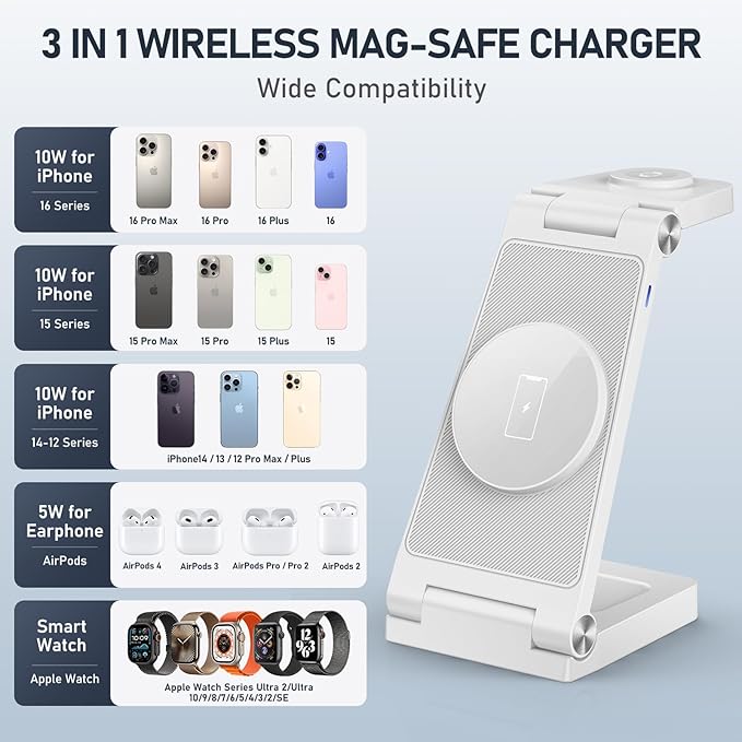 Magnetic Wireless Charger Stand, 3 in 1 Foldable Wireless Charging Station, Travel Charger for Multiple Devices for iPhone 16 15 14 13 12 Series, Apple Watch Ultra/SE/9/8/7/6/5/4/3/2, AirPods