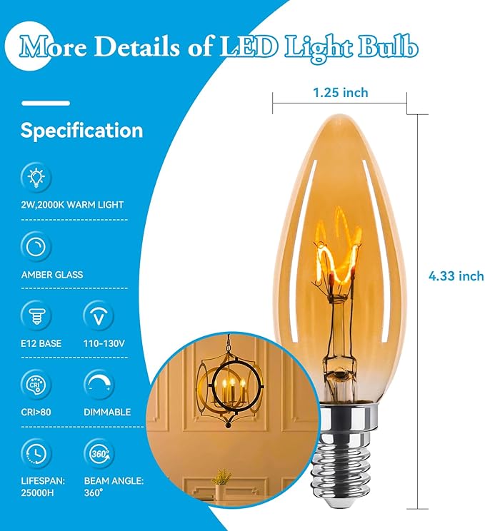Amber Candelabra Bulb 25W Equivalent, 2W Ultra-Fine Filament E12 Base Candelabra LED Light Bulb, Dimmable Amber LED Bulbs 2000k Soft Warm, Candle Chandelier Light Bulbs, 6 Pack