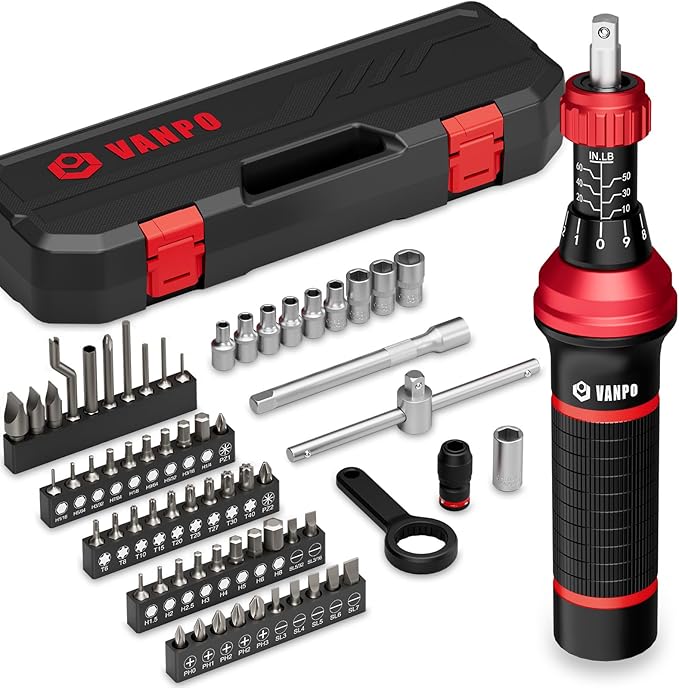 Torque Screwdriver Set, 10–60 in-lb, 64 Pcs 1/4" Drive Torque Wrench Screwdriver Kit with T-Bar & Flat, Hex, Torx, and S2 Bits for Scope, Electronics Assembly & Micro Device Repair