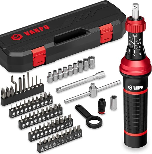 Torque Screwdriver Set, 10–60 in-lb, 64 Pcs 1/4" Drive Torque Wrench Screwdriver Kit with T-Bar & Flat, Hex, Torx, and S2 Bits for Scope, Electronics Assembly & Micro Device Repair