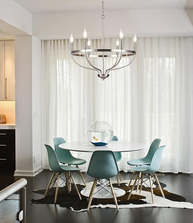 6-Light Brushed Nickel Chandelier Modern Candle Chandeliers Light Fixture Sputnik Pendant Light Adjustable Hanging Light Over Table for Dining Room Kitchen Island Bedroom E12