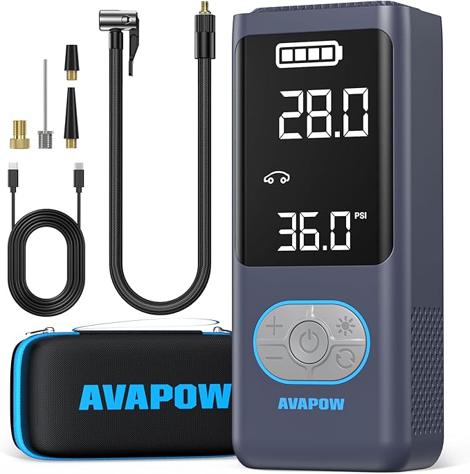 AVAPOW AP18 Tire Inflator Portable Air Compressor, 300% Faster 150 PSI Cordless Air Pump with Tire Pressure Gauge, 3.7″ Dual LCD Screen, Auto-Shuts Off Tire Pump for Car, Motorcycle, Bicycle, Purple